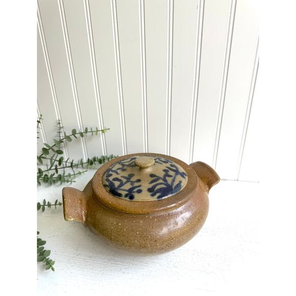 Salt Glazed Stoneware Covered Dish | Rustic Handmade Pottery Blue Floral Design - Picture 2 of 9